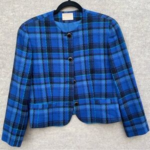 Pendleton Vintage 100% wool Blue Black Plaid Blazer size 6 coat jacket business